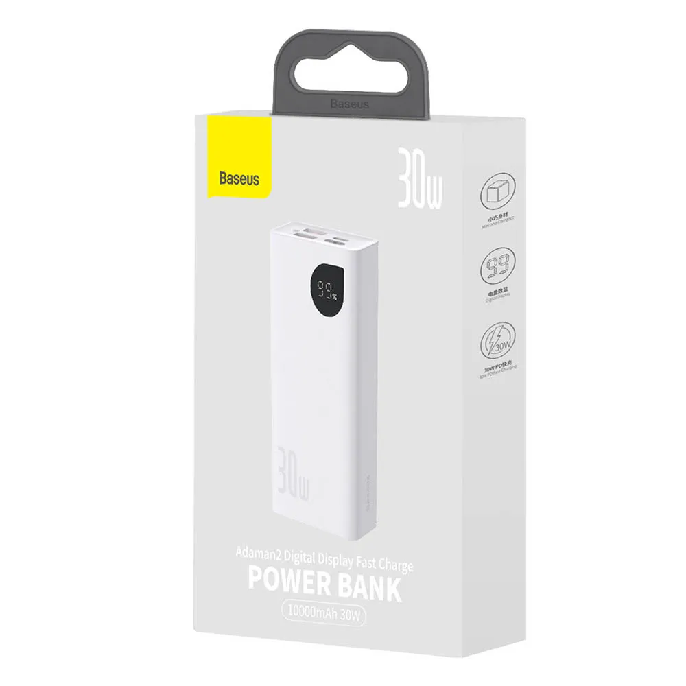baseus adaman2 powerbank with digital display 10000mah 30w 2 x usb 1x usb type c power delivery quick charge scp white ppad040002 02