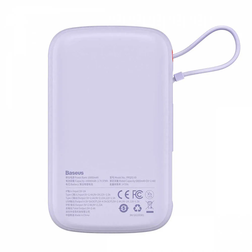 baseus qpow power bank 10000mah built in lightning 20w quick charge cable scp afc fcp purple ppqd020005 03